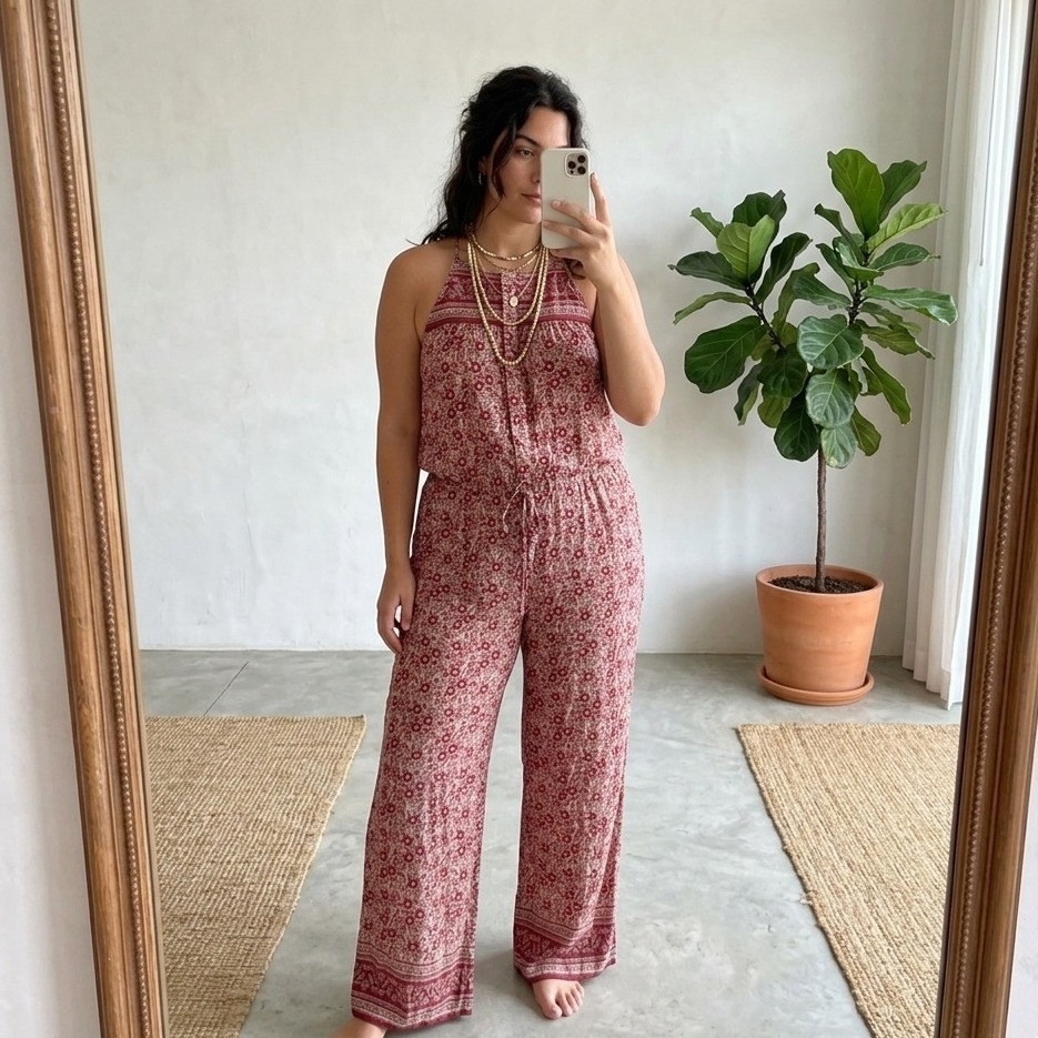 Faherty Women Red Floral Organic Cotton Wide Leg Jumpsuit Size L Boho Resortwear